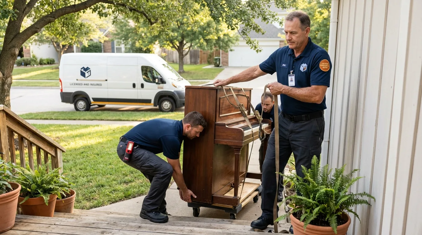 Licensed piano movers securing grand piano in Collins, MS