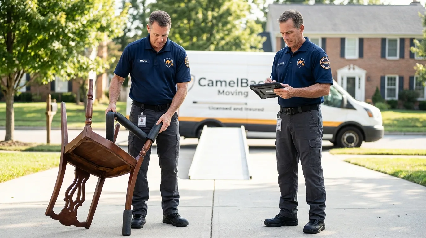 Movers inspecting furniture for damage prevention before loading in Collins, MS