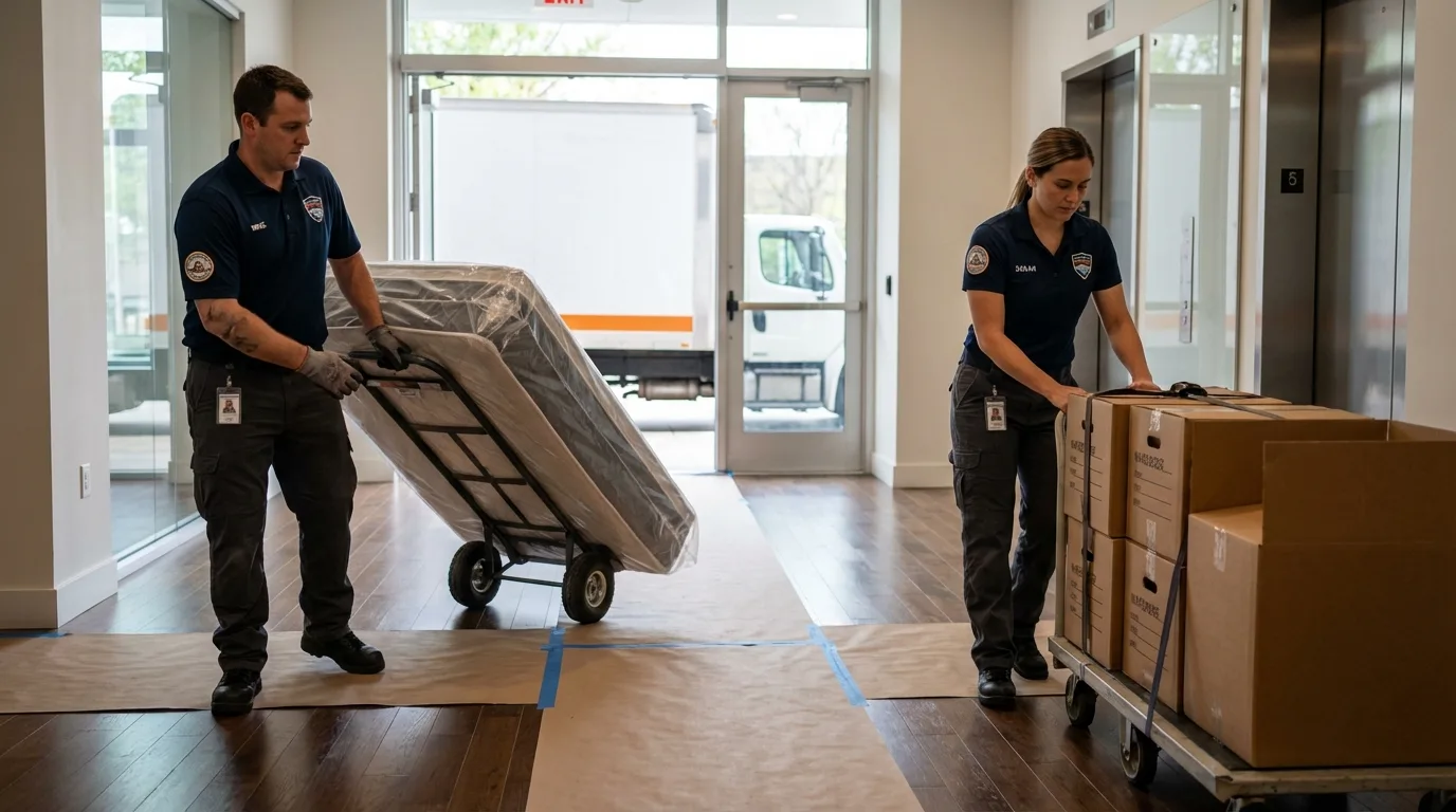 Professional apartment movers loading elevator in Collins, MS